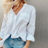 Women's Autumn Solid Color Long Sleeve Collared Cotton Linen Blouse